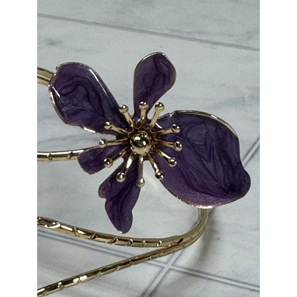 Purple Enamel Floral Double-Ended Gold Tone Arm Cuff Bangle For Women New